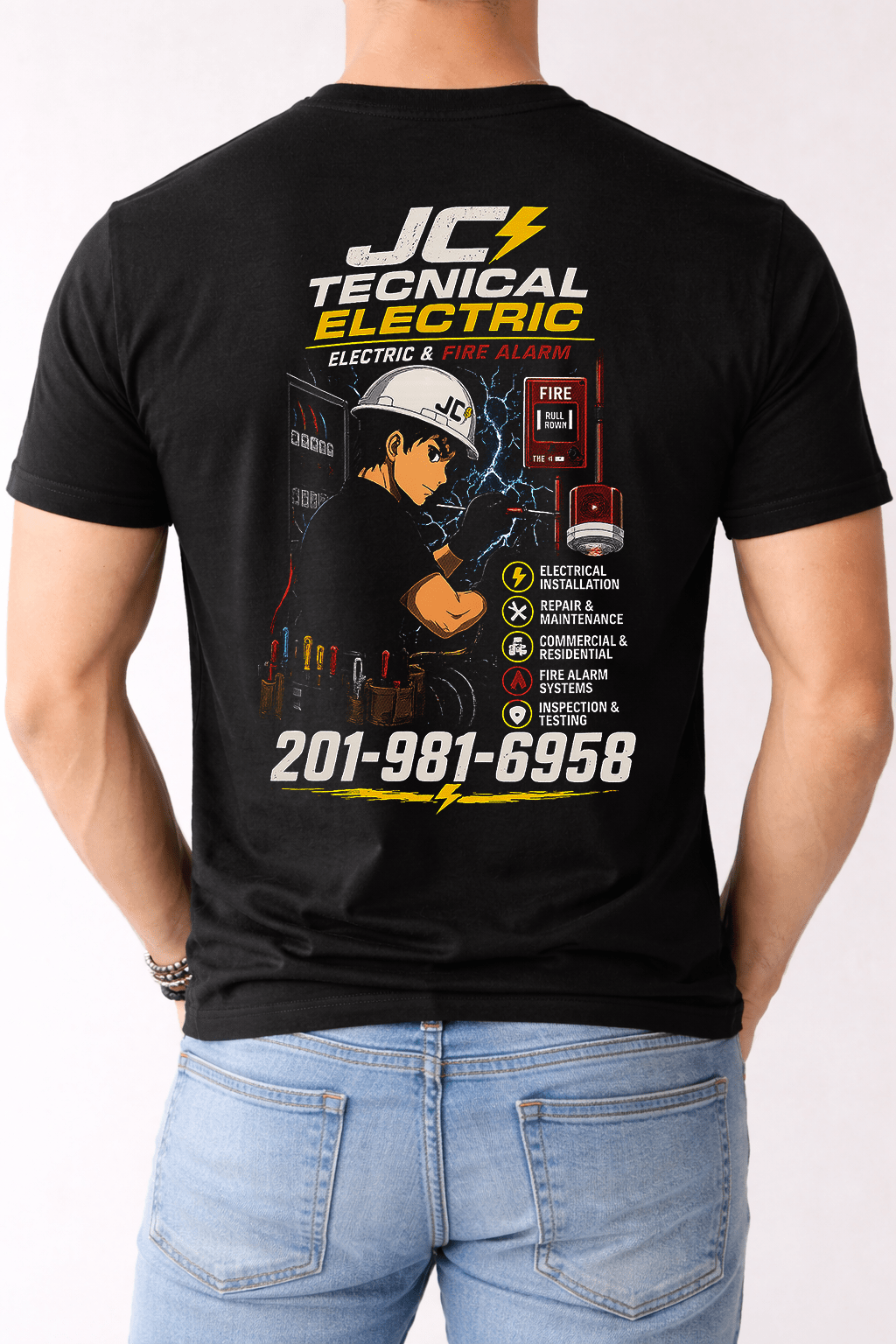 JC Technical Electric T-Shirt – Front Logo & Full Back Business Print | Game Day Football Apparel | LNS Laser Engraver Designer LLC